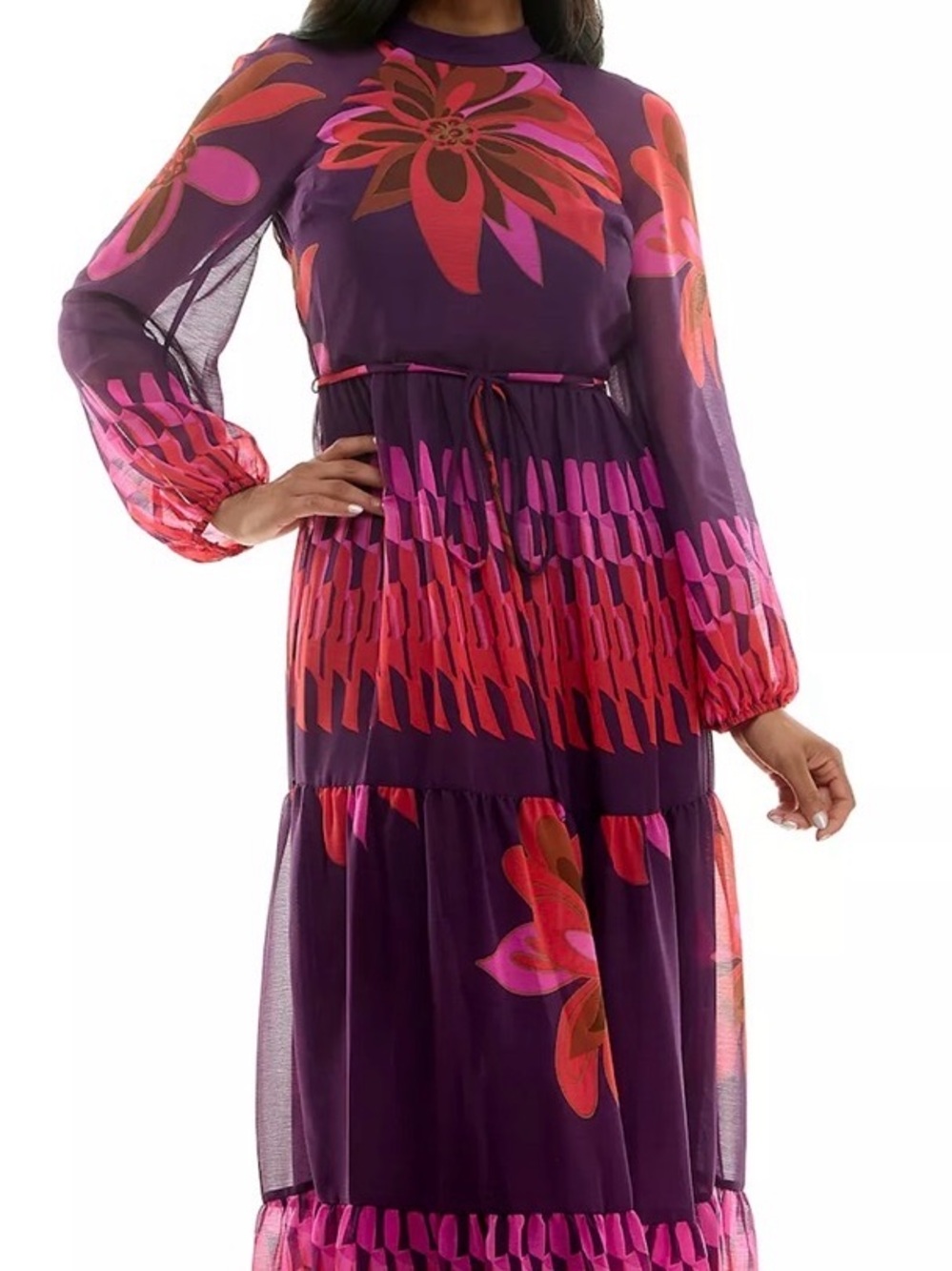 Sheer Long Sleeve Floral Maxi Dress in Purple and Fuchsia